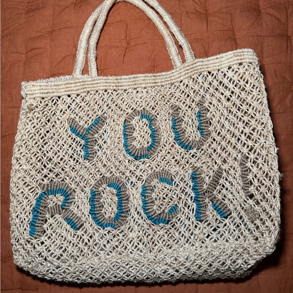 The Jacksons 100% Jute Handcrafted Cream Teal Tote Bag “You Rock”